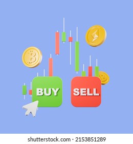 Financial Graph, Stock Market Candlesticks With Digital Money, Buy And Sell Button With Cursor On Blue Background. Concept Of Trading And Cryptocurrency. 3D Rendering