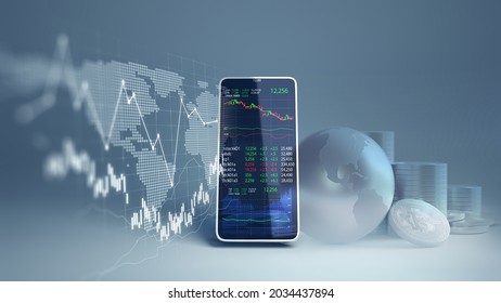 financial graph and technology element on mobile phone 3d rendering  represent Blockchain and  mobile Financial Investment .