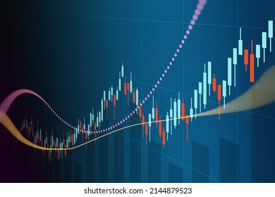 Financial Graph With Up Trend Line Candlestick Chart In Stock Market On Blue Color Background