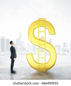 Financial growth concept with businessman looking at abstract golden dollar sign with ladder on city background. 3D Rendering
