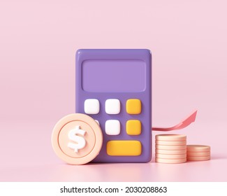 Financial icon concept. money management, financial planning, calculating financial risk, calculator with coins stack and graph on pink background. 3d render illustration