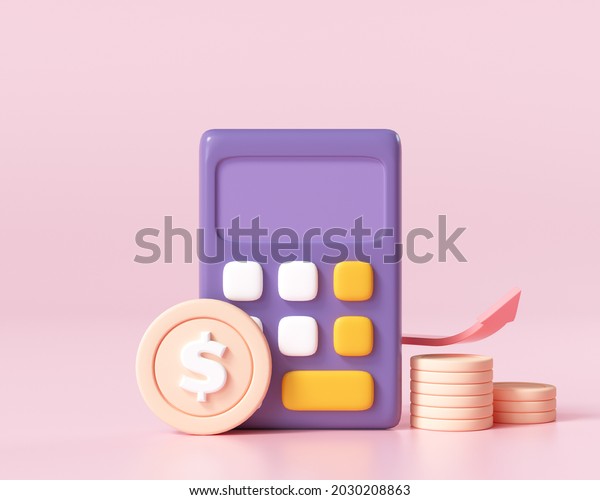 Financial icon\
concept. money management, financial planning, calculating\
financial risk, calculator with coins stack and graph on pink\
background. 3d render\
illustration