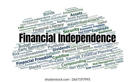 Financial Independence Word Cloud. Composition Of Terms Related To Wealth, Savings, Debt, Retirement, Investments, And Strategies For Achieving Economic Freedom And Security.