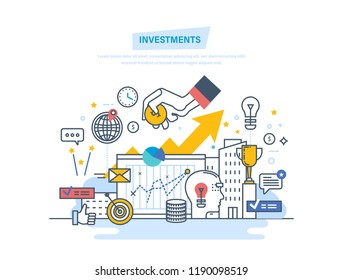 Financial Investments, Marketing, Analysis, Security Of Deposits, Guarantee Of Security Financial Savings And Money Turnover. Investment In Innovation. Illustration Thin Line Design Of Doodles.