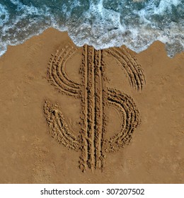 Financial Loss Business Concept As A Drawing Of A Money Symbol Drawn On A Beach Being Washed Out By An Ocean Wave As An Economic Icon For Currency Change Or Fading Budget And Laundering Of Finances.