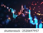 A financial market chart showing falling data on a dark background with bokeh lights. Concept of financial crisis and market analysis. 3D Rendering