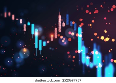 A financial market chart showing falling data on a dark background with bokeh lights. Concept of financial crisis and market analysis. 3D Rendering