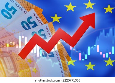 Financial Market Of European Union. Growth Chart. EU Flag With Red Up Arrow. Concept Of Rising Inflation In European Union. Income Growth Of European Alliance. EU Economic Infographic. 3d Rendering.