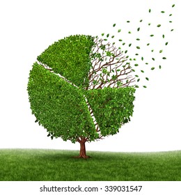 Financial Market Loss And Losing Profit As A Pie Chart In A Tree Growing Green Leaves Falling Off As A Business Concept Of Corporate Pressure In A Graph Symbol Of Economic Change On White.