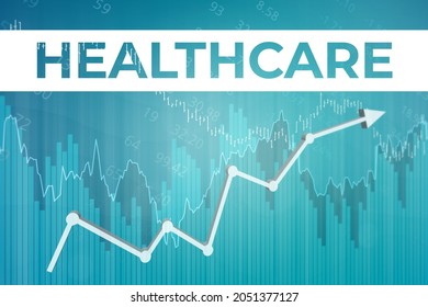 Financial Market Sector Healthcare On Blue Finance Background From Graphs, Charts. Trend Up And Down. 3D Render. Financial Market Concept