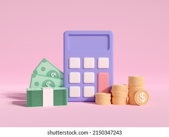 Financial Planning Calculator And Coins Stack, Banknote. Calculate Business Money Management Risk. Income And Return. Isolated On Pink Background. 3d Render Illustration Minimal Style.