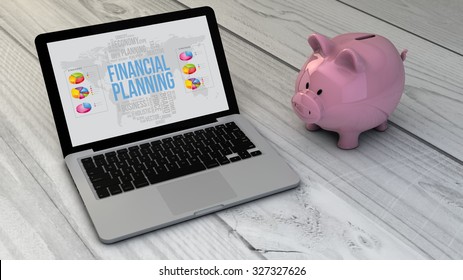 Financial Planning Concept: Piggybank And Financial Planning Online Site Laptop Over Wooden Desk. All Screen Graphics Are Made Up