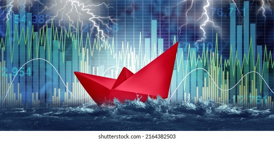 Financial risk and investment danger as stock market turbulence crisis and economic storm as a red paper boat symbol for wealth management and finance security in a 3D illustration style.