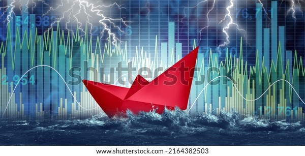 Financial\
risk and investment danger as stock market turbulence crisis and\
economic storm as a red paper boat symbol for wealth management and\
finance security in a 3D illustration\
style.