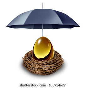 Financial Security And Retirement Fund Symbol With A Golden Egg In A Nest Protected By A Black Umbrella Against Down Turns In The Economy And As A Tax Shelter On A White Background.