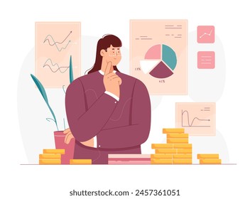 Financial statements, audit and accounting service illustration. Cartoon advisor consulting online, standing with graph and chart reports of budget balance, tax payment and finance statistics - Powered by Shutterstock