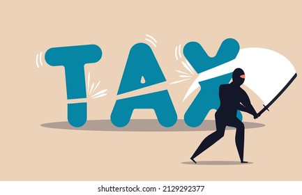 Financial Tax Reduction And Slash With Sword Ninja Taxation. People Loss Money And Investment Illustration Concept. Government Reform For Money And Deduction Income Pay. Business Budget Fee