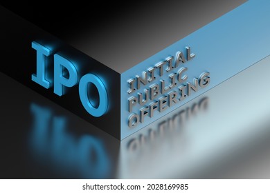 Financial term abbreviation IPO standing for Initial Public Offering on blue cube corner. 3d illustration.