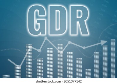 Financial term GDR - Global depository receipt on blue finance background from graphs, charts. Trend Up and Down. 3D render. Financial market concept