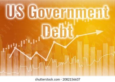 Financial Term US Government Debt On Yellow Finance Background From Graphs, Charts, Columns, Candles, Bars, Numbers. 3D Render. Financial Market Concept