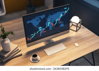Financial trading chart on computer screen in cozy office with warm light, wooden table, books, coffee cup and keyboard. Concept of analytics. 3D Rendering