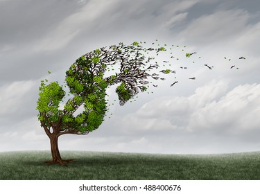 Financial Trouble And Money Adversity Or Economic Crisis Concept As A Tree Being Blown By The Wind And Damaged Or Destroyed By A Storm As A Business Crisis Metaphor With 3D Illustration Elements.