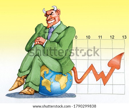 a financier with the face of the devil forms an economic graph with his red tail allegory of lack of ethics in finance