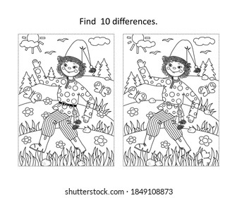Find 10 differences visual puzzle and coloring page with Petrushka folklore rag doll walking outdoor
