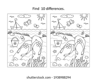 Find 10 Differences Visual Puzzle And Coloring Page. Summer Vacation Scene With Flip-flops, Yacht, Toy Bucket At The Beach.
