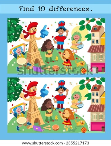 Find 10 hidden differences. Educational puzzle game for children. Group of fans of different nationalities. Cartoon scene. Funny people in Paris.  
