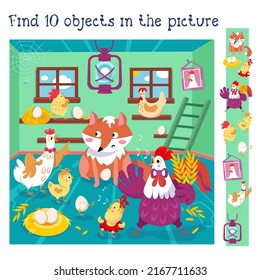 Find 10 Hidden Objects. Educational Game For Children. Funny Family Of Rooster And Hen With Fox In Chicken Coop. Color Illustration.