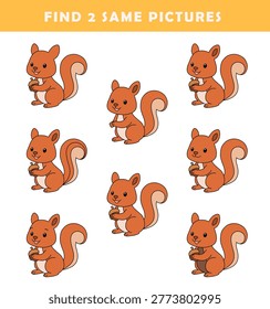 Find 2 same pictures. Puzzle game for children. Preschool worksheet activity for kids. Educational game with cute squirrel illustration.