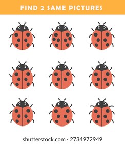 Find 2 same pictures worksheet for kids. Worksheet for kids kindergarten, preschool and school age. Education game for children with cute ladybug  illustration.