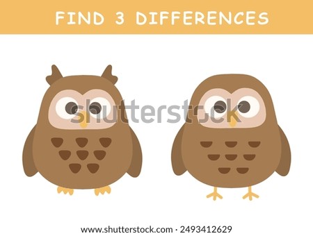 Find 3 differences in illustration. Educational activity with cute owl illustration. Spot difference. Educational fun game for children.	