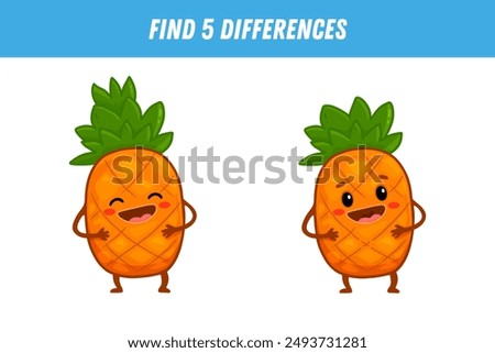 Find 5 differences between two pictures of cute pineapple. Cartoon pineapple with arms and legs. Educational logical game for children. 