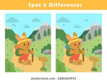 Find 5 differences in illustration. Educational activity with cute rabbit illustration. Worksheet for kids. Spot differences. Educational fun game for children.
