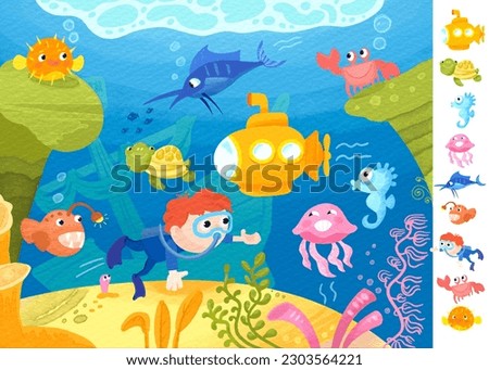 Find and circle objects. Puzzle game for children. Cute cartoon sea creature and boy underwater. Ocean animals with shipwreck. Watercolor illustration. 