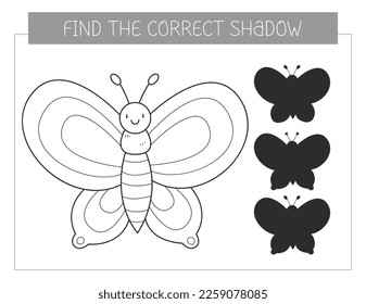 Find the correct shadow coloring book and butterfly  Coloring page educational game for kids  Cute cartoon butterfly  Shadow matching game