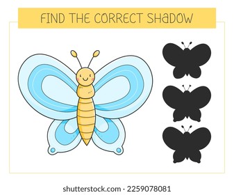 Find the correct shadow game and butterfly  Educational game for children  Cute cartoon butterfly  Shadow matching game