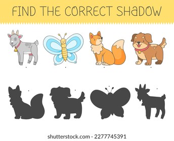 Find the correct shadow game and cute animals goat  butterfly  fox  dog  Educational game for children  Shadow matching game