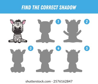 Find correct shadow of zebra. Educational logical game for children. Cute cartoon animal character. 
