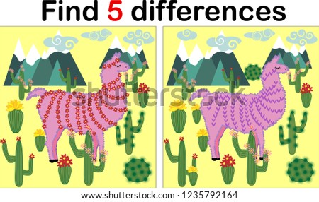 Find the differences between the pictures. Children's educational game. Sweet llama, alpaca among cacti and mountains
