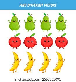 Find different fruit each row. Logical game for kids. Cartoon character. Pear, apple, banana. Flat style.
