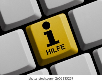 Find help in german language - computer keyboard 3d illustration