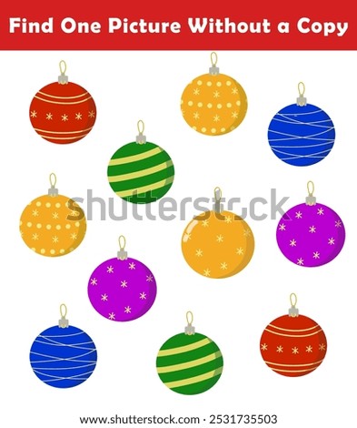 Find One Picture Without a Copy for Preschool Children. Find same picture worksheet for kids. Worksheet for kindergarten-aged children with cute christmas illustration. Christmas activity sheet.