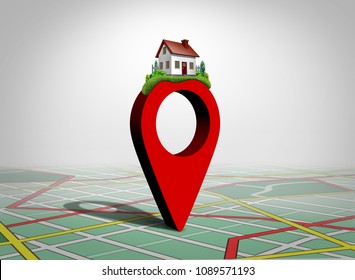 Finding A Home And Find Property Concept As A Pin With A Family House As A Real Estate Buying Or Locating A Residence Symbol As A 3D Illustration.