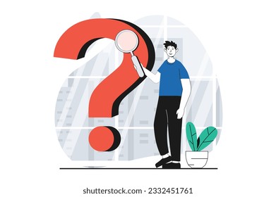 Finding solution concept with people scene in flat design for web. Man with magnifyier searching info and looking answer to question. Illustration for social media banner, marketing material.