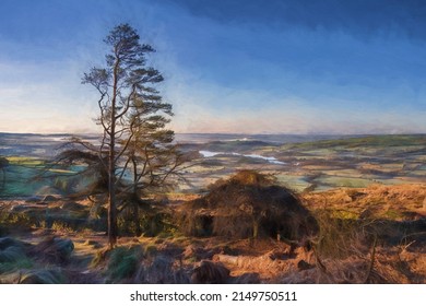 Fine Art, Artwork. Digital Oil Painting Of Tittesworth Reservoir From The Roaches, With The Long Mynd, And The Wrekin In The Distance At Sunrise In The Peak District National Park, UK.