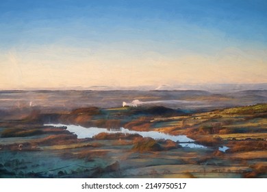 Fine Art, Artwork. Digital Oil Painting Of Tittesworth Reservoir From The Roaches, With The Long Mynd, And The Wrekin In The Distance At Sunrise In The Peak District National Park, UK.