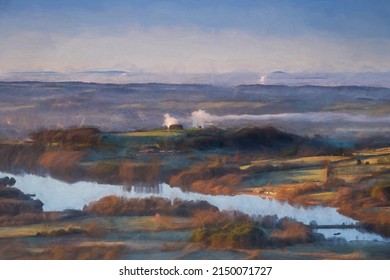 Fine Art, Artwork. Digital Oil Painting Of Tittesworth Reservoir From The Roaches, With The Long Mynd, And The Wrekin In The Distance At Sunrise In The Peak District National Park, UK.